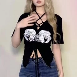 Juwas NEW ARRIVAL Gothic Print Lace Up Short T-shirt 11 Juwas NEW ARRIVAL Gothic Print Lace Up Short T-shirt