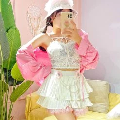 Juwas Floral Embroidery White Ruffles High Waist Skirt