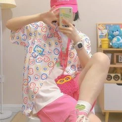 Juwas NEW ARRIVAL Vintage Smile Print Loose Short Sleeve Shirt 11 Juwas NEW ARRIVAL Vintage Smile Print Loose Short Sleeve Shirt