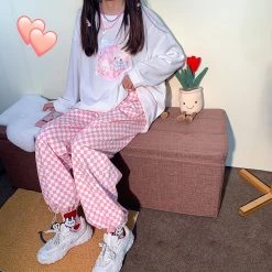 Juwas Pink White Plaid Loose Pants