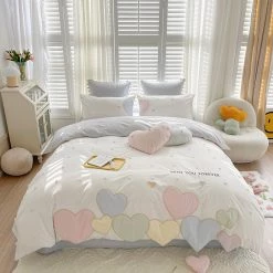 Juwas Sweet Love Heart Embroidery Bedding Set 12 Juwas Sweet Love Heart Embroidery Bedding Set