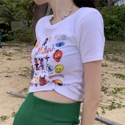 Juwas NEW ARRIVAL Life Is Beautiful Letter Cartoon Print Short T-shirt