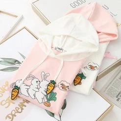 Juwas Cute Cartoon Rabbit Carrot Print Lace Up Hoodie CLOTHING