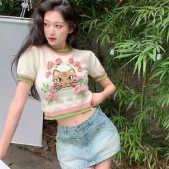 Juwas Flower Tiger Embroidery Short Sleeve Tops NEW ARRIVAL