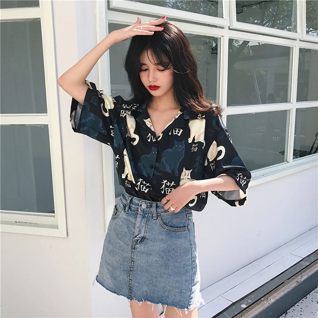 Juwas Vintage Cat Print Feline Button Up Shirt NEW ARRIVAL 11 Juwas Vintage Cat Print Feline Button Up Shirt NEW ARRIVAL