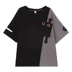 Juwas NEW ARRIVAL Two-Tone Black Cat Patchwork Loose T-Shirt Short