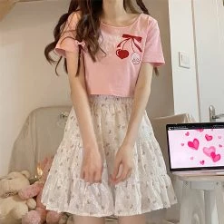 Juwas NEW ARRIVAL Sweet Cherry Print Cotton Short T-shirt