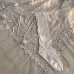 Juwas Ribbon Lace-up Balls Cotton Lolita Stockings