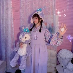 Juwas Bear Patch Purple Velvet Loose Maxi Dress