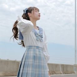 Juwas Japanese School Girl Blue Plaid JK Uniform Bow Tie & Ties