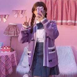 Juwas Pastel Small Bow Front Pocket Loose Cardigan