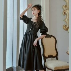 Juwas Black Victorian Ruffled A-Line Midi Dress