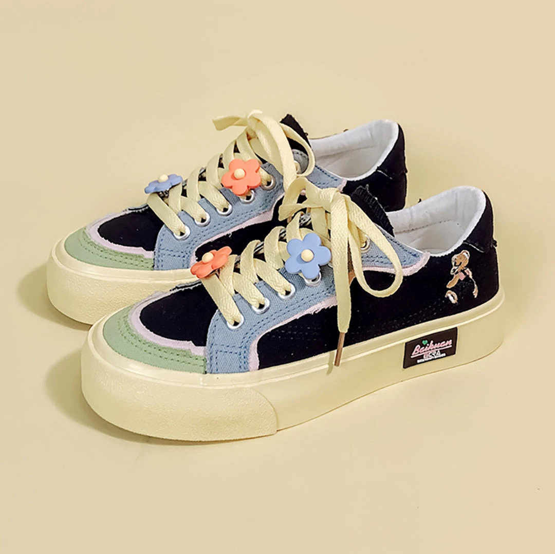 Juwas Ulzzange Bear Embroidery Canvas Sneakers 3 Juwas Ulzzange Bear Embroidery Canvas Sneakers