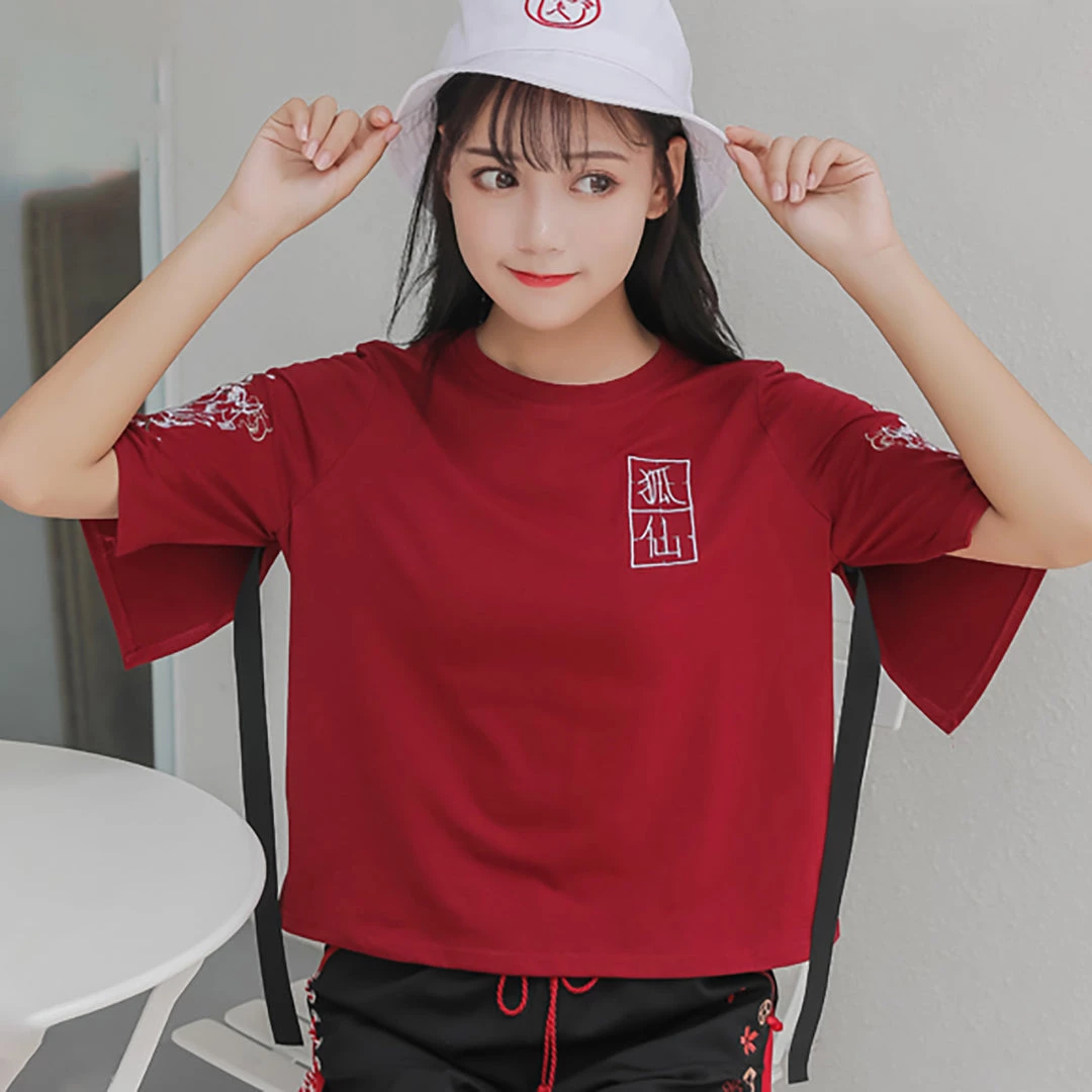 Juwas Japanese Style Red And Black Lucky Cat Top Short 4 Juwas Japanese Style Red And Black Lucky Cat Top Short