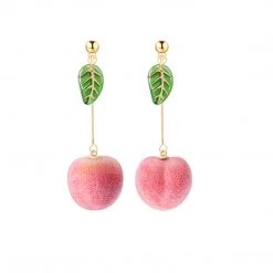 Juwas Sweet Peach Fruit Leaf Dangle Earrings