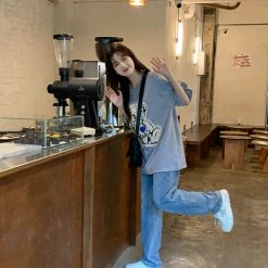 Juwas Vintage Bear Embroidery Loose Cotton T-shirt