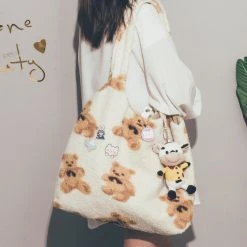Juwas Kawaii Bear Prints Plush Shoulder Bag