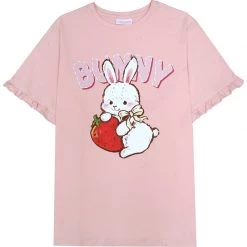 Juwas Kawaii Bunny Loves Strawberry Pink T-shirt CLOTHING