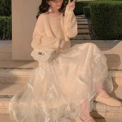 Juwas NEW ARRIVAL Vintage Apricot Lace Maxi Skirt