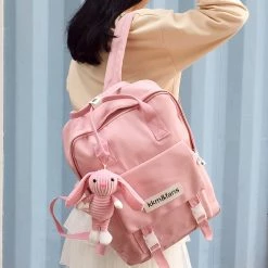 -Juwas Canvas Backpack With Bunny Keychain