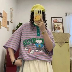 Juwas Vintage Cartoon Embroidery Stripe Loose T-shirt