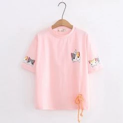 Juwas Kawaii Cat Prints Basic Tee Shirt