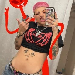 Juwas NEW ARRIVAL Skeleton Hand Heart Black Crop Top