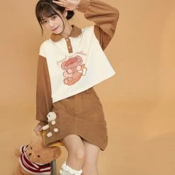 Juwas Cartoon Bear Print Button Collar Sweatshirt Skirt CLOTHING