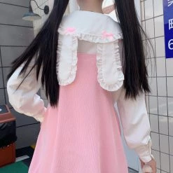 Juwas Bunny Ears Collar Ruffle Lace Slip On Dress