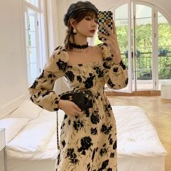 Juwas Vintage Beige Floral Puff Sleeve Dress CLOTHING