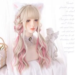 Juwas Fashion & Beauty Blonde Pink Highlights Curly Bangs Long Wigs