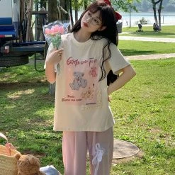 Juwas Vintage Teddy Bear Print Cotton T-shirt NEW ARRIVAL