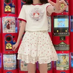 Juwas Kawaii Cherry Print Ruffles Hight Waist Skirt NEW ARRIVAL