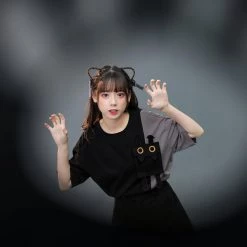 Juwas NEW ARRIVAL Two-Tone Black Cat Patchwork Loose T-Shirt Short