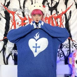 Juwas NEW ARRIVAL Love Cross Gothic Oversized Sweater