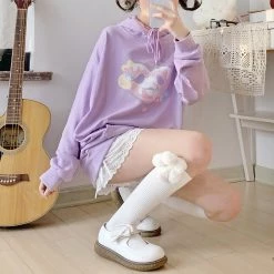 Juwas Fluffy Puppy Print Soft Pastel Hoodie