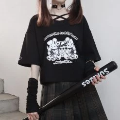 Juwas NEW ARRIVAL Gothic Kawaii Print Cross Neck T-Shirt