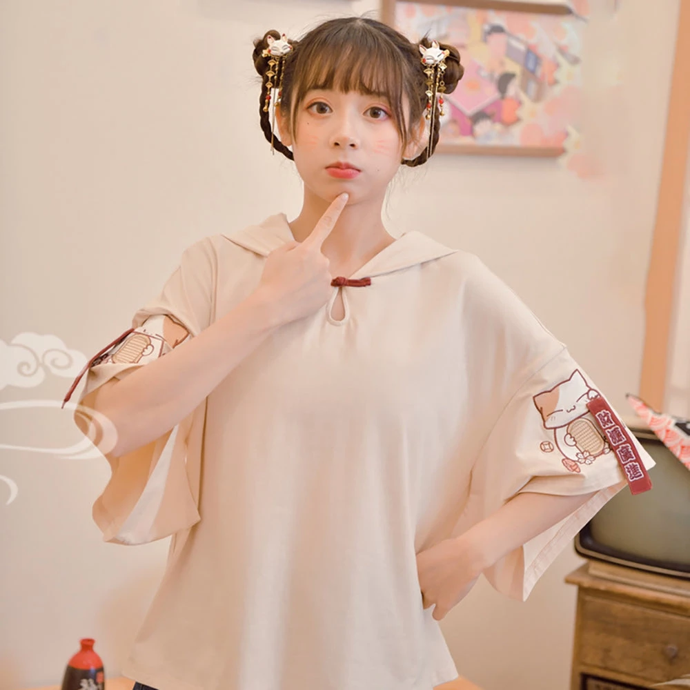 Juwas Japanese Lucky Cat Khaki Hooded Top 7 Juwas Japanese Lucky Cat Khaki Hooded Top