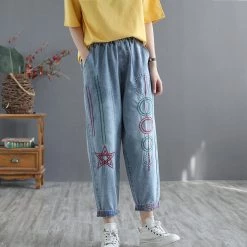 Juwas Retro Embroidery Elastic Waist Cropped Jeans NEW ARRIVAL