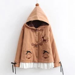 Juwas CLOTHING Deer Embroidery Pockets Hooded Jacket