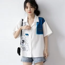 Juwas NEW ARRIVAL Vintage Print Chiffon Short Sleeve Shirt