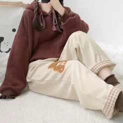 Juwas Bear Embroidery Corduroy Ninth Pants