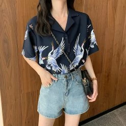 Juwas Vintage Crane Print Loose Shirt