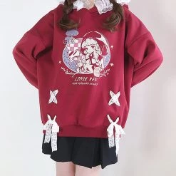 Juwas NEW ARRIVAL Little Red Girl Lace Oversized Hoodie
