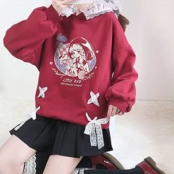 Juwas NEW ARRIVAL Little Red Girl Lace Oversized Hoodie