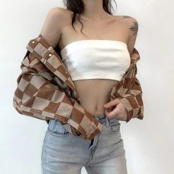 Juwas NEW ARRIVAL Vintage Checked Pattern Short Denim Coat