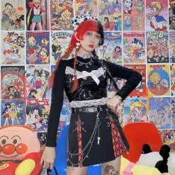 Juwas NEW ARRIVAL Gothic Red Diamond Checkered Chain Mini Skirt