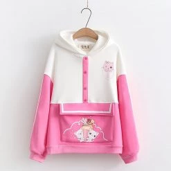 Juwas Cute Kitty Print Button Pocket Warm Hoodie CLOTHING