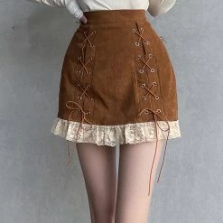 Juwas Cowgirl Lace End Corduroy Mini Skirt NEW ARRIVAL