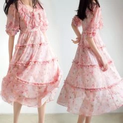 Juwas Peach Floral Ruffle Midi Dress CLOTHING